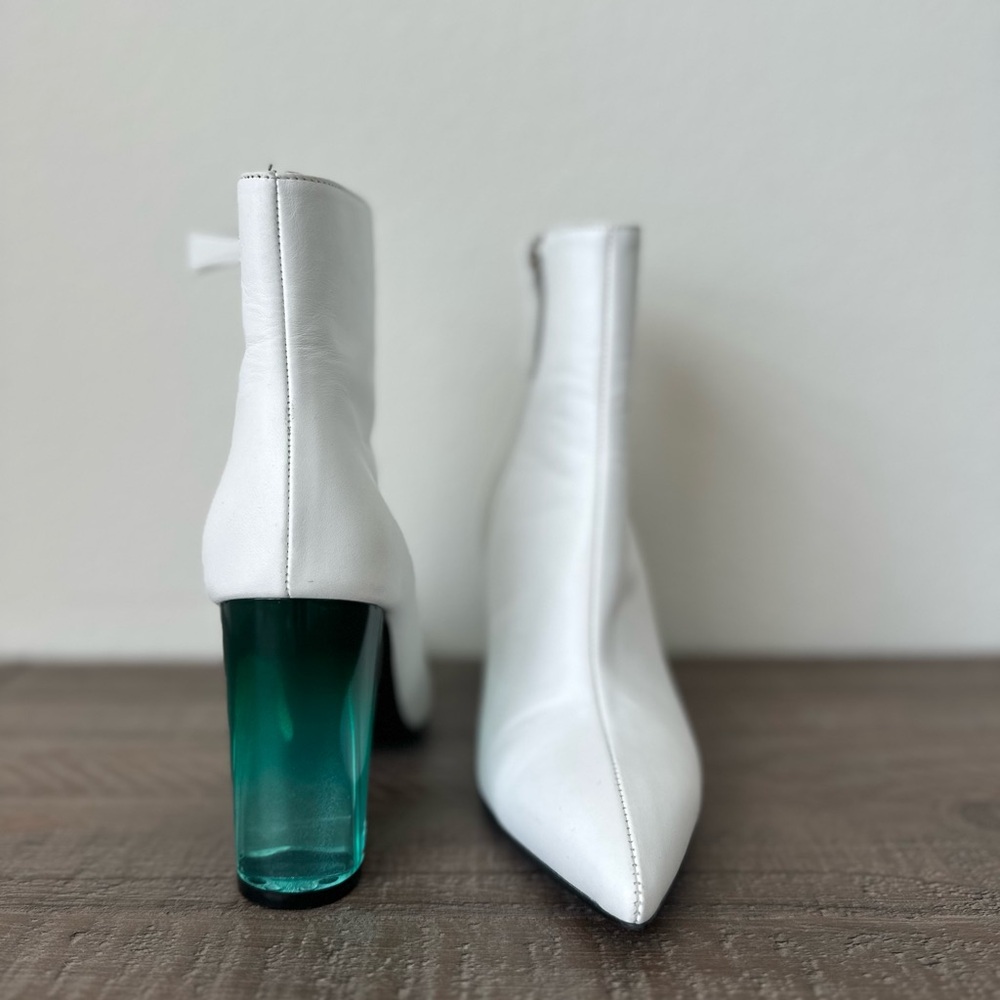 White Ankle Boots with Teal Heel